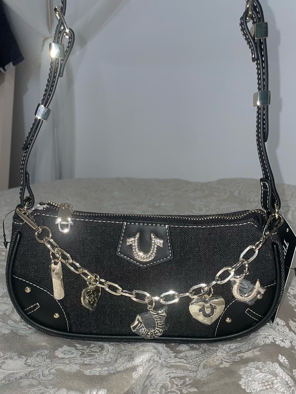 True Religion Black Denim Shoulder Bag with Silver Chain Charms